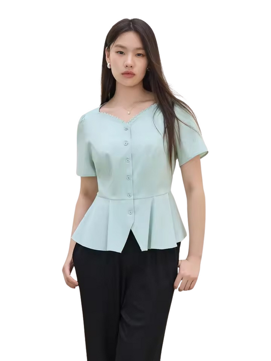 Bluzka baskijska menthe à finitions en dentelle